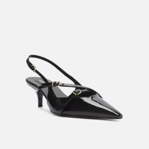Scarpin Preto Verniz Salto Médio Slingback Amélia