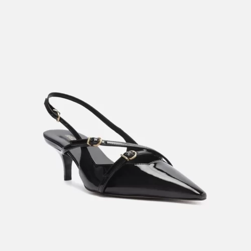 Scarpin Preto Verniz Salto Médio Slingback Amélia