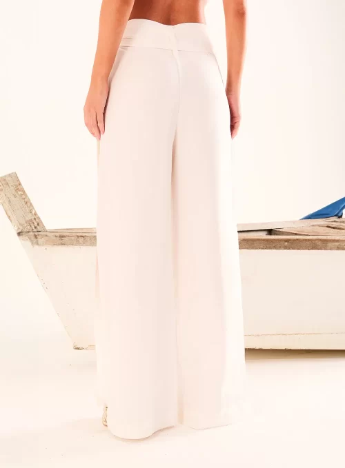Calça Alfaiataria Pantalona Cós Envelope Com Linho - OFF WHITE - Image 3