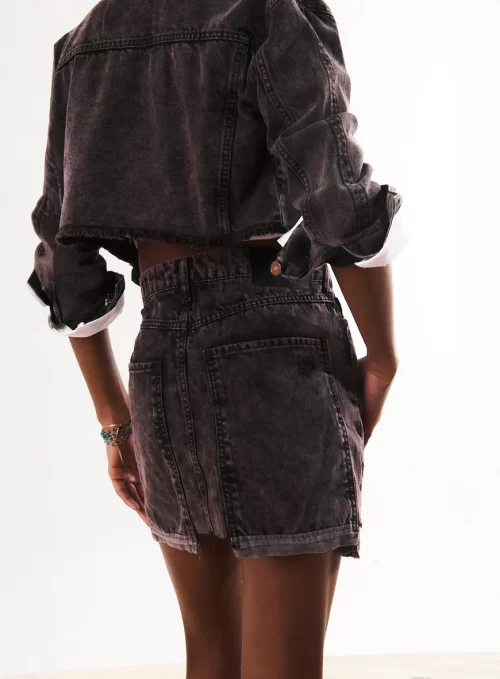 Saia Jeans Black Estonado Maxi Bolso - PRETO - Image 3