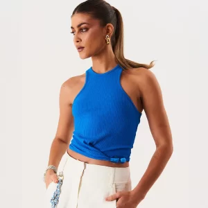Blusa Cropped Canelada Com Transpasse - AZUL