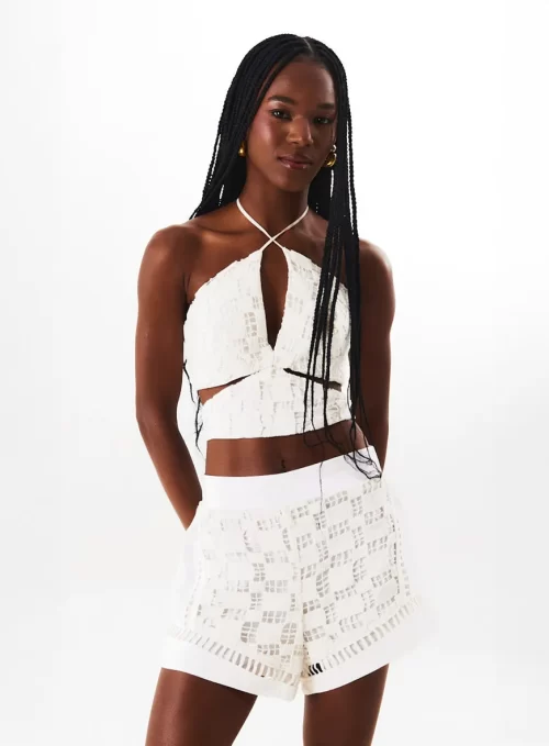 Short Comfy Cintura Alta Com Renda E Linho - off white