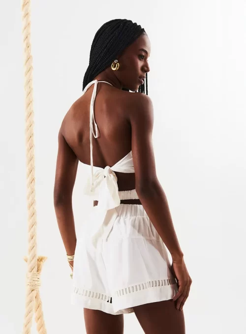Short Comfy Cintura Alta Com Renda E Linho - off white - Image 2