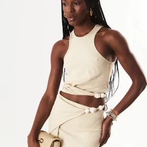 Blusa Cropped Canelada com Transpasse - bege nude