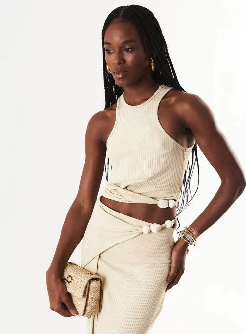 Blusa Cropped Canelada com Transpasse - bege nude