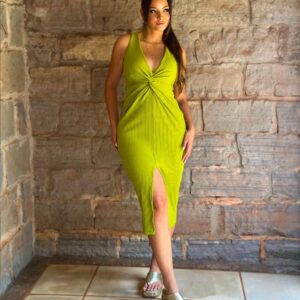 Vestido Midi Canelado Decote V Com Torção - verde