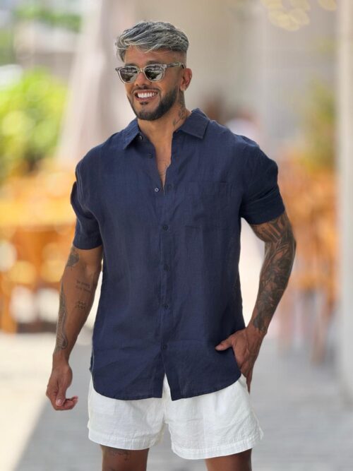 Camisa classic linen - azul marinho