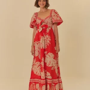 Vestido Longo Manga Estampado Folha De Renda