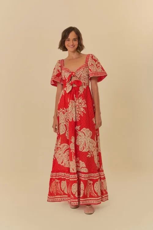 Vestido Longo Manga Estampado Folha De Renda