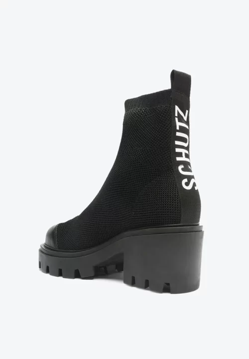 Bota Thunder Knit Salto Médio Couro Preta - Image 3
