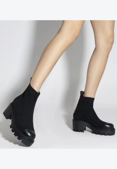 Bota Thunder Knit Salto Médio Couro Preta - Image 2