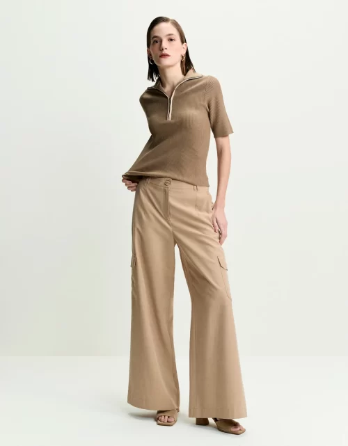 Blusa tricot bicolor zíper bege 360