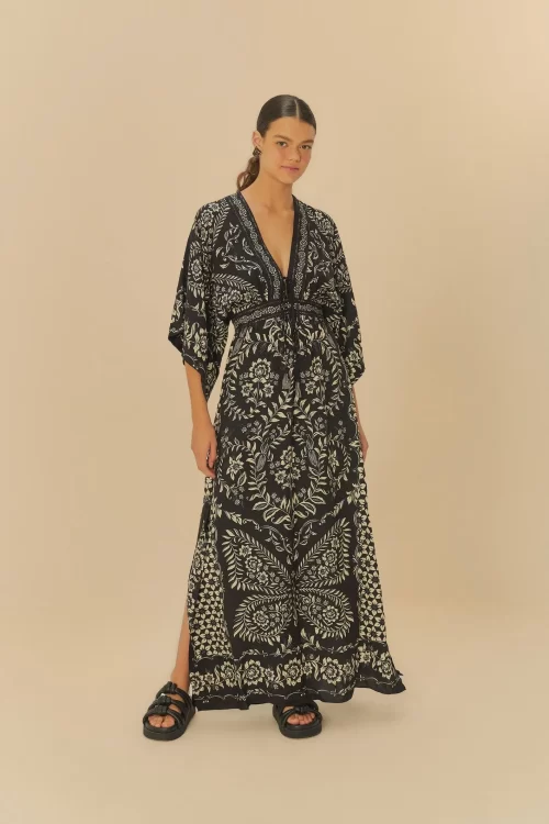 Vestido Longo Manga Estampado Borbolina