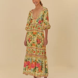 Vestido Longo Manga Estampado Delicadeza Em Flor