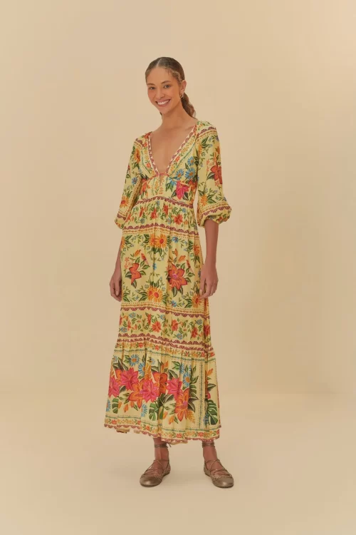 Vestido Longo Manga Estampado Delicadeza Em Flor