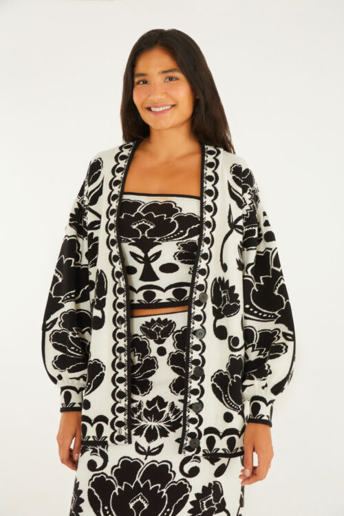CARDIGAN LONGO TRICOT FLORAL ARABESQUE