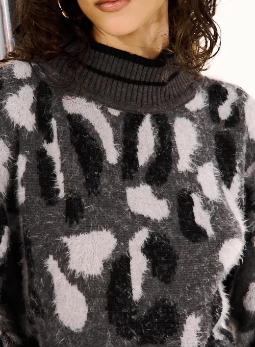 Blusa Feminina Gola Alta Tricô Estampada - Imagem 2