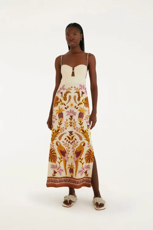 Vestido Longo Alça Estampado Tapeçaria Tropical