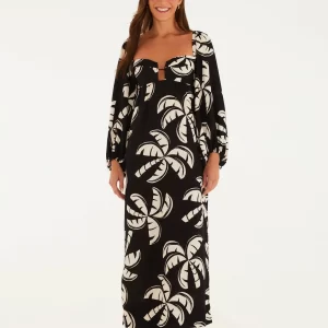 Vestido Longo Manga Estampado Coqueirada