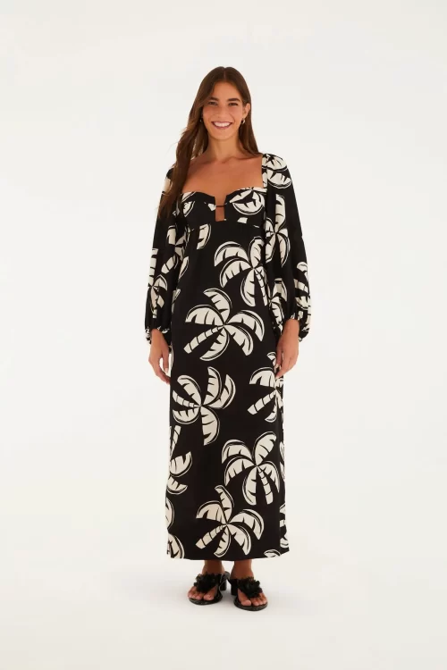 Vestido Longo Manga Estampado Coqueirada