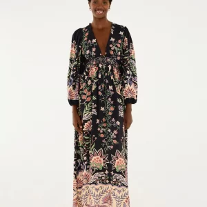 Vestido Longo Manga Estampado Jardim Maravilhoso