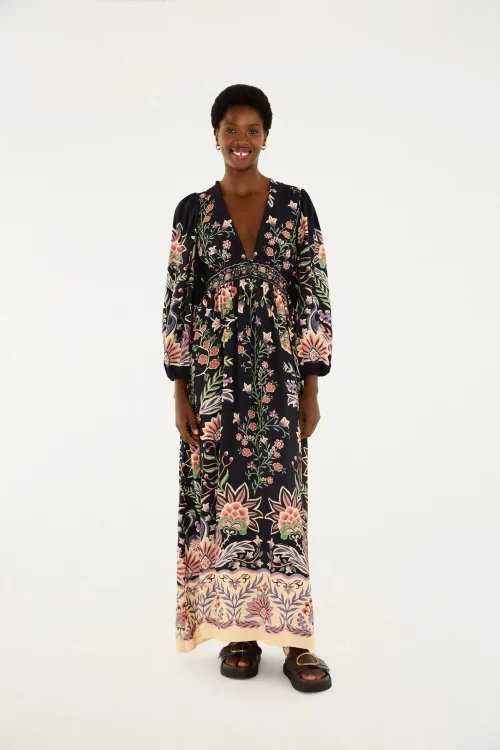 Vestido Longo Manga Estampado Jardim Maravilhoso