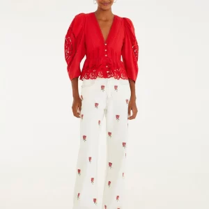 Calça Sarja Wide Bordada Flor Rosália