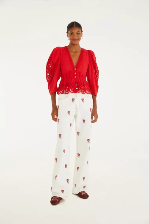 Calça Sarja Wide Bordada Flor Rosália
