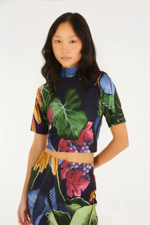 Blusa Cropped Estampada Banana Uva