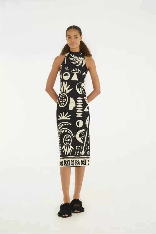 vestido midi estampado lenço tropicano